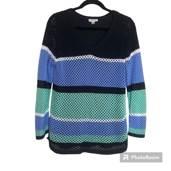 croft & barrow Sweaters - Croft & Barrow Open Knit Sweater Womens Medium Stripes Crochet Lined V Neck